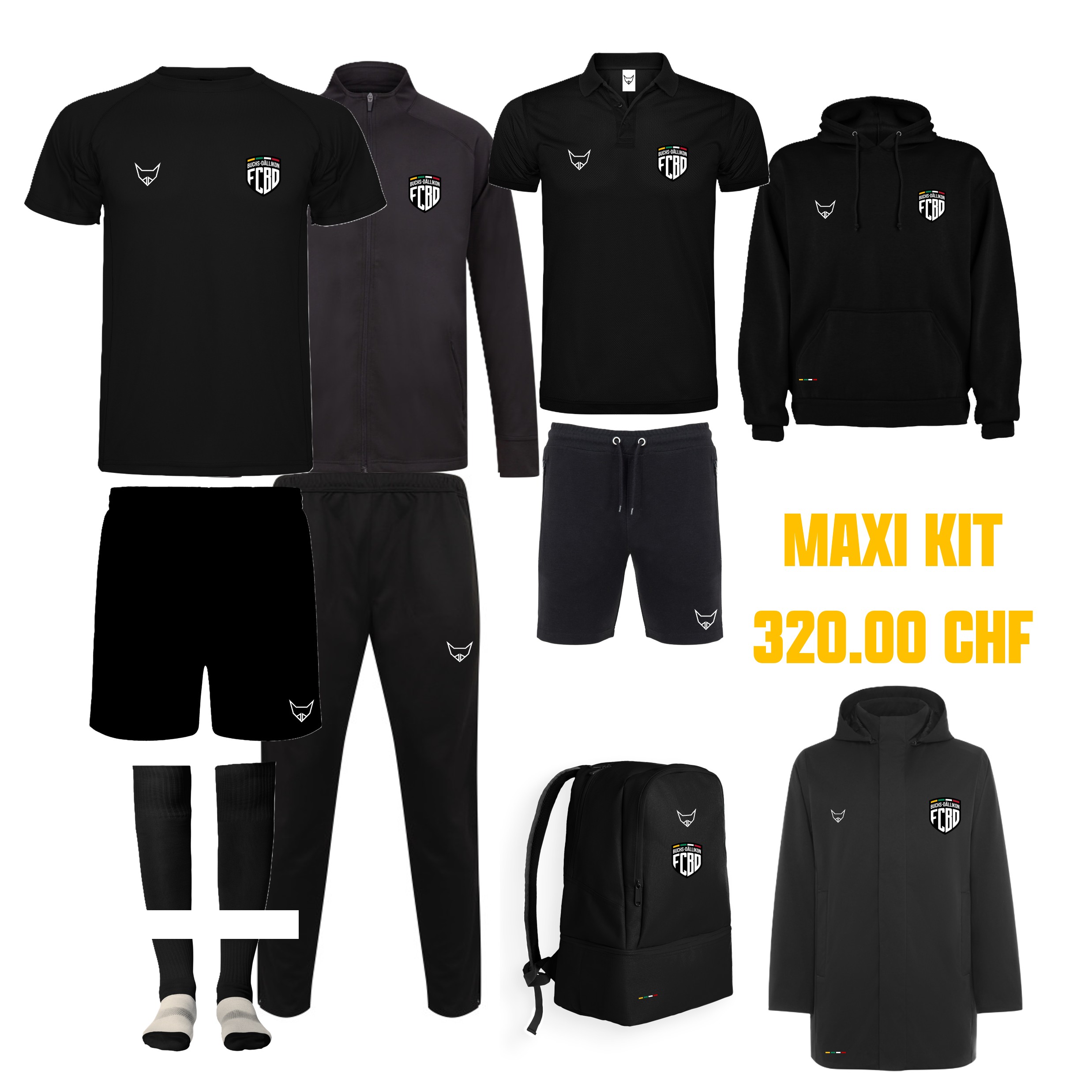Produktbild FCBD Maxi Kit: komplette schwarze und weiße Fußball-Teamausrüstung mit Trikot, Shorts, Trainingsanzug, Hoodie, Winterjacke, Stutzen und Rucksack