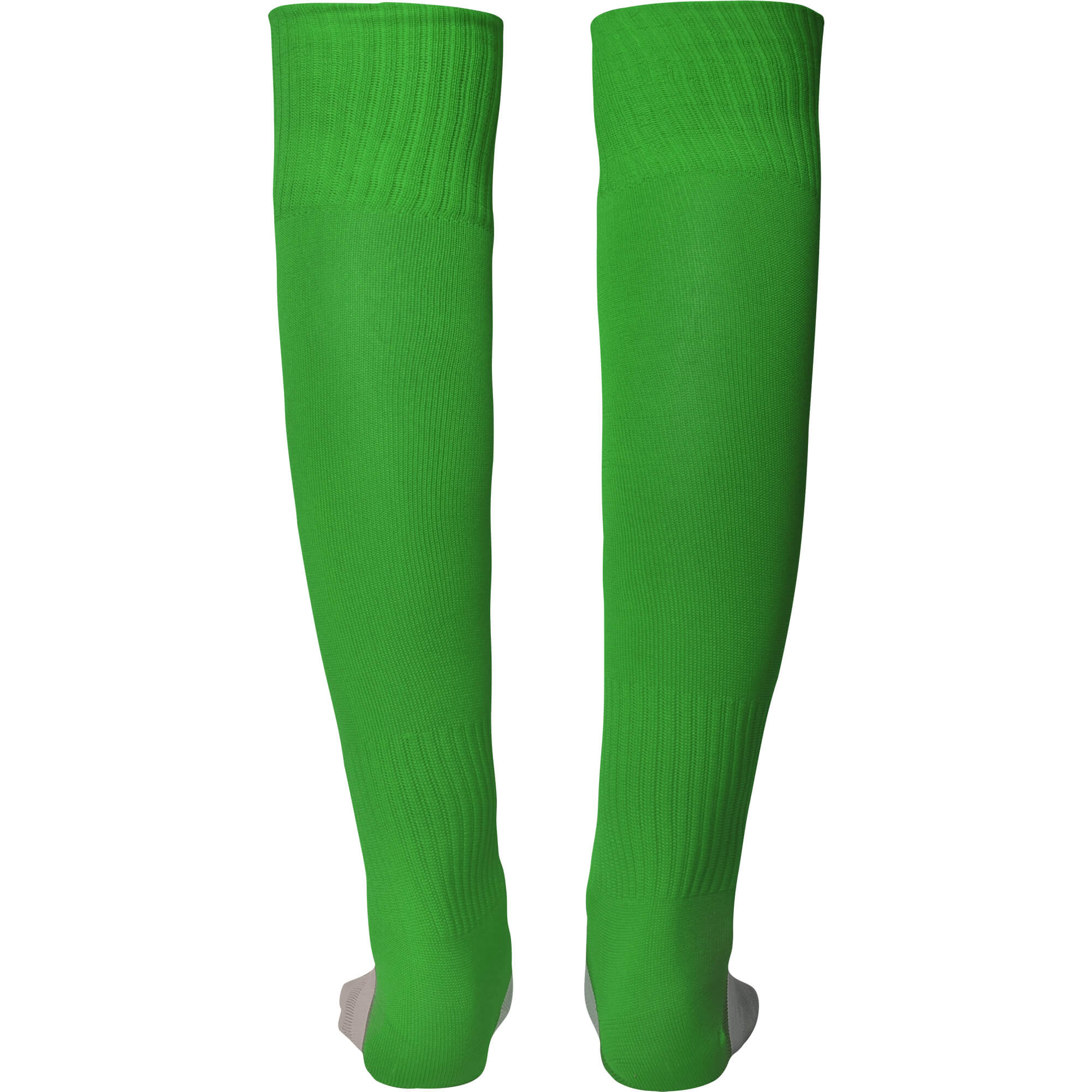 Vorderansicht von grünen, kniehohen Sportsocken aus elastischem Stoff