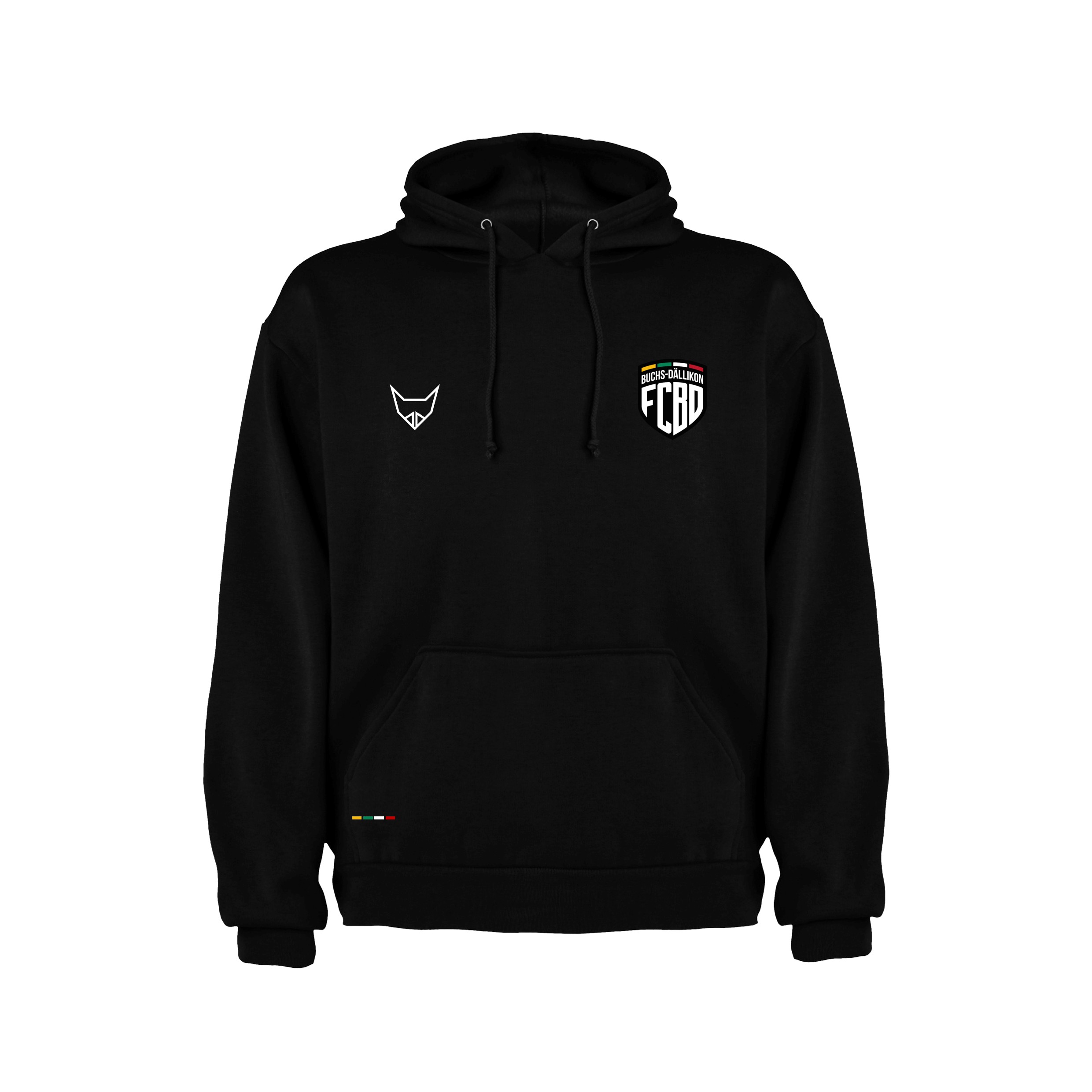 Schwarzer PRIMEo Hoodie St. Gallen für Herren mit Kapuze, Kordelzug, Kängurutasche und FC Buchs-Dällikon Brustlogo, bequem für Sport und Freizeit.