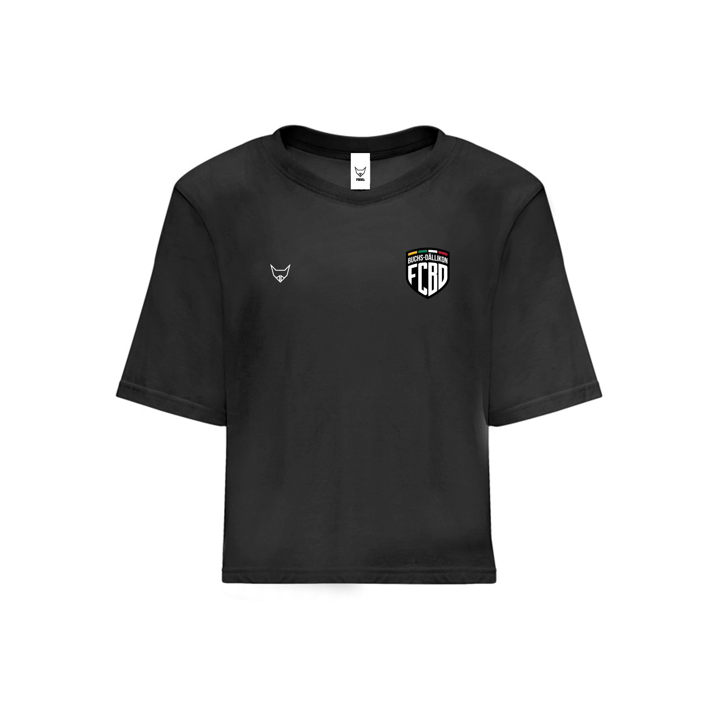 PRIMEo Weiningen Cropped Damen T-Shirt in Schwarz aus 100 % Baumwolle mit lockerem Schnitt, PRIMEo Logo und FCBD Brustlogo vorne