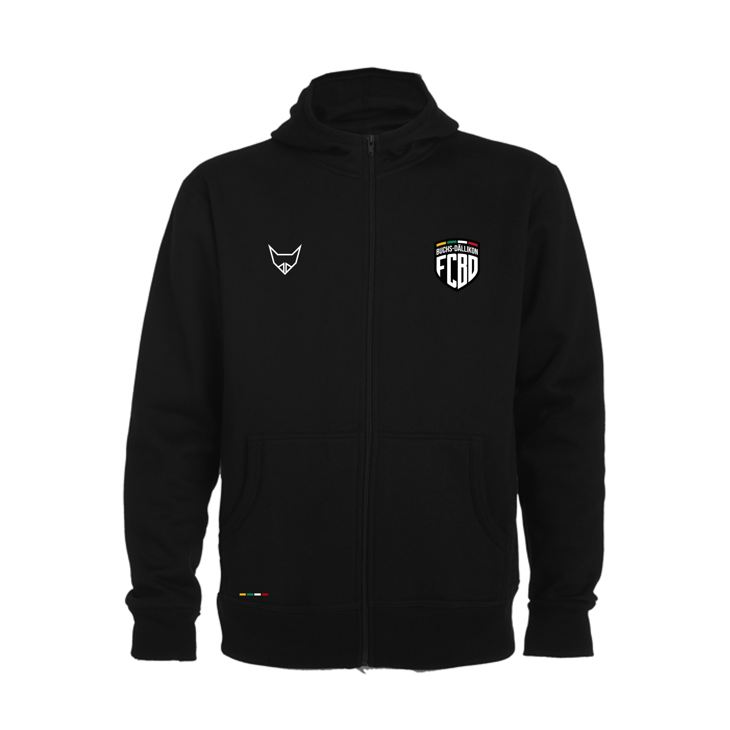 Schwarze Zip-Hoodie Jacke mit Kapuze, Frontreißverschluss und FC Buchs-Dällikon Brustlogo