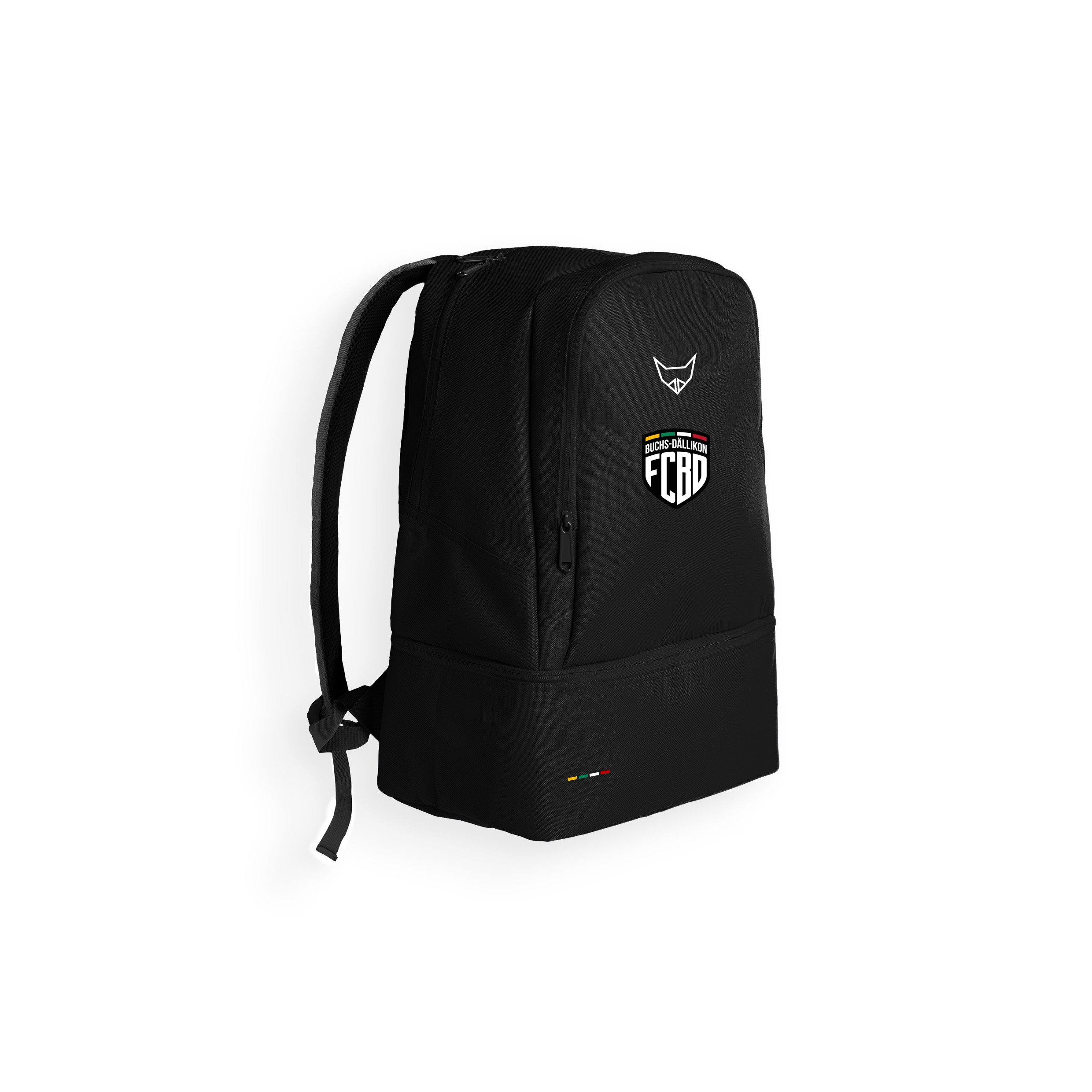Schwarzer PRIMEo Rucksack Chur mit FC Buchs-Dällikon Logo als Teil des Regular Kits mit Shirt, Short, Stulpen und schwarzen Gripsocks.