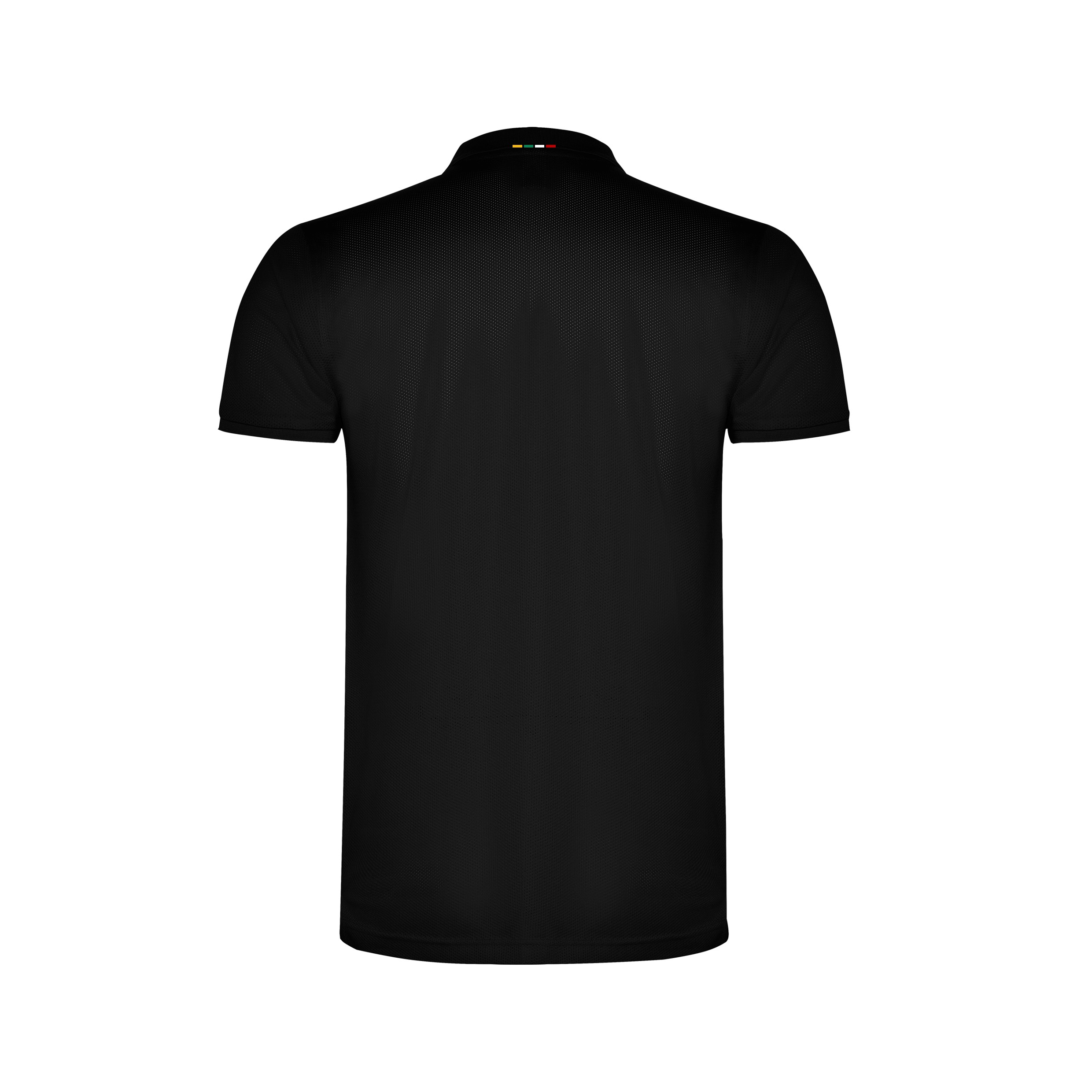 Rückansicht des schwarzen PRIMEo Sportpolo Tafers für Herren, elegantes Kurzarm-Poloshirt mit zeitlosem Design und sportlichem Look.