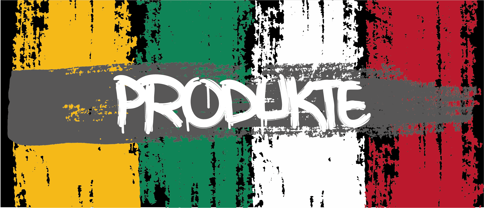 Abstraktes, buntes Banner mit gelb-grün-weiß-roten Farbstreifen und dem Schriftzug Produkte in weißer Graffiti-Schrift
