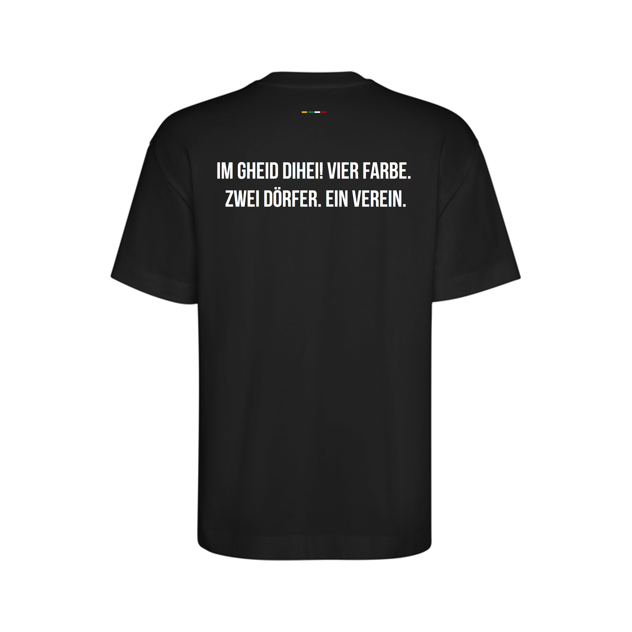 Schwarzes PRIMEo Shirt aus dem FC Buchs-Dällikon Ausgangsset Men, Rückenansicht mit Aufdruck «Im Gheid dihei! Vier Farbe. Zwei Dörfer. Ein Verein.»